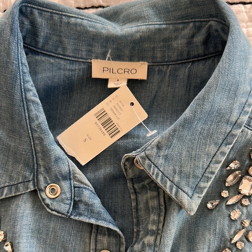 Anthro Embellished Denim Shirt - Picture 2 of 6